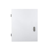 White cabinet door with silver handle and hinges, isolated on white background.