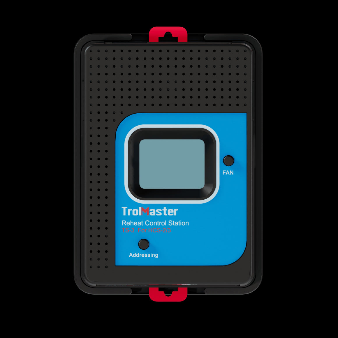 TrolMaster TS-3 environmental control station with blue display and "Addressing" text on a black background.