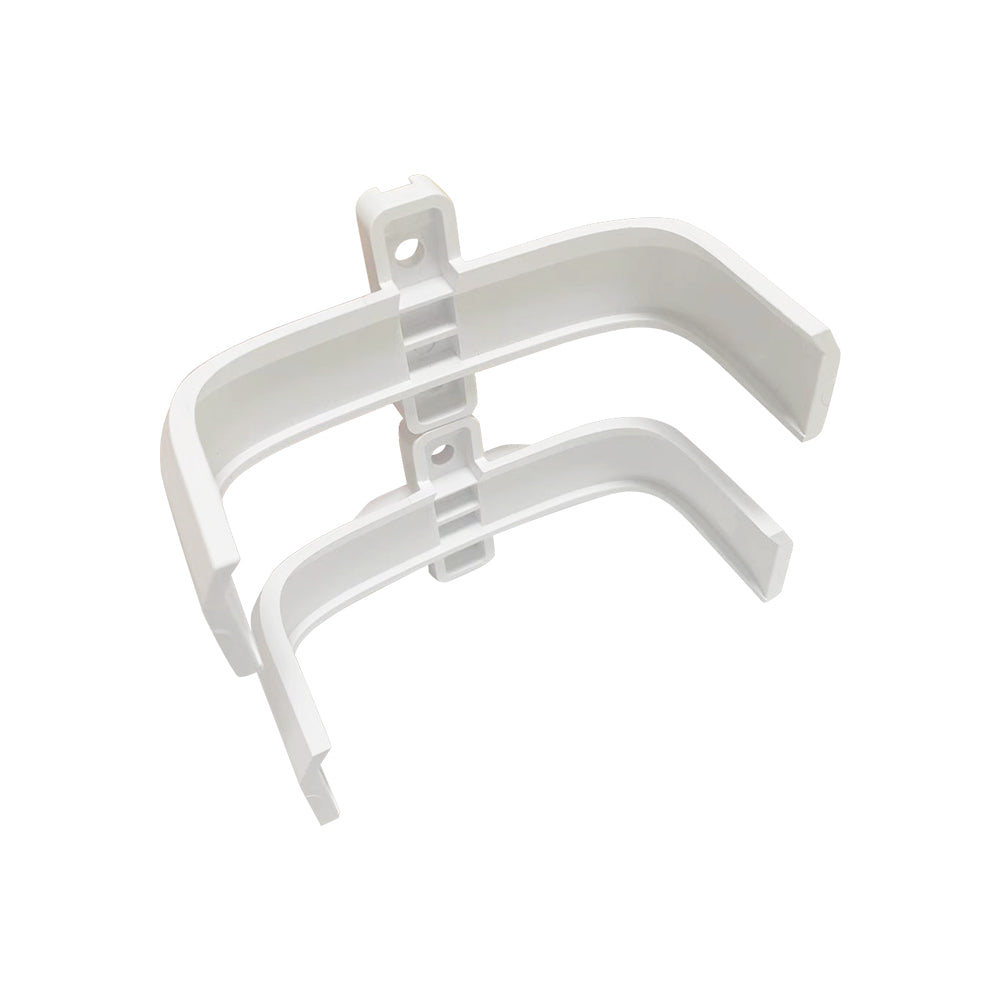 White plastic bracket with two U-shaped arms for mounting environmental control devices.