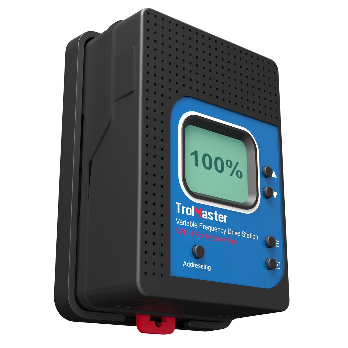 TrolMaster VFD-1 variable frequency drive station with 100% on green LCD, blue face, and black casing.