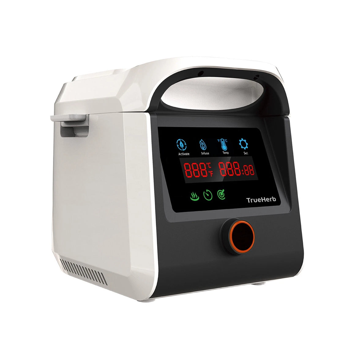 White and black TrueHerb H-Brewer 2-in-1 decarboxylator and infuser with digital display and knob.