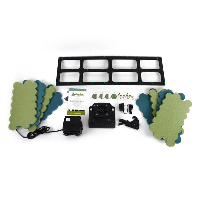 TurboKlone Elite 144 cloner kit: green and blue neoprene inserts, black frame, pump, and accessories on white background.