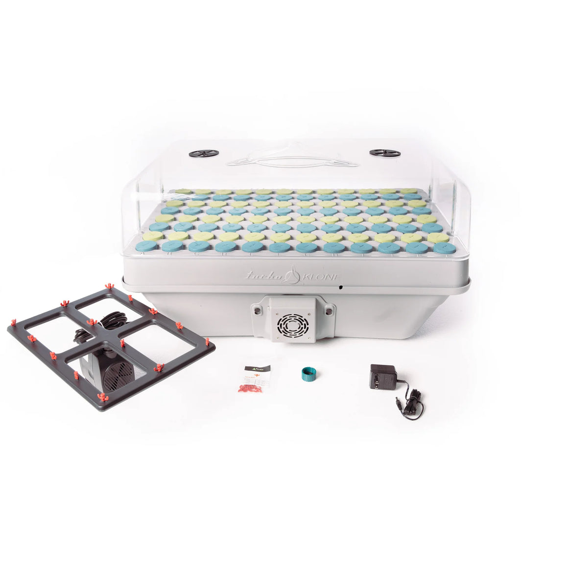 TurboKlone Elite 96 cloner with dome, featuring blue and green neoprene inserts, pump, and power adapter.