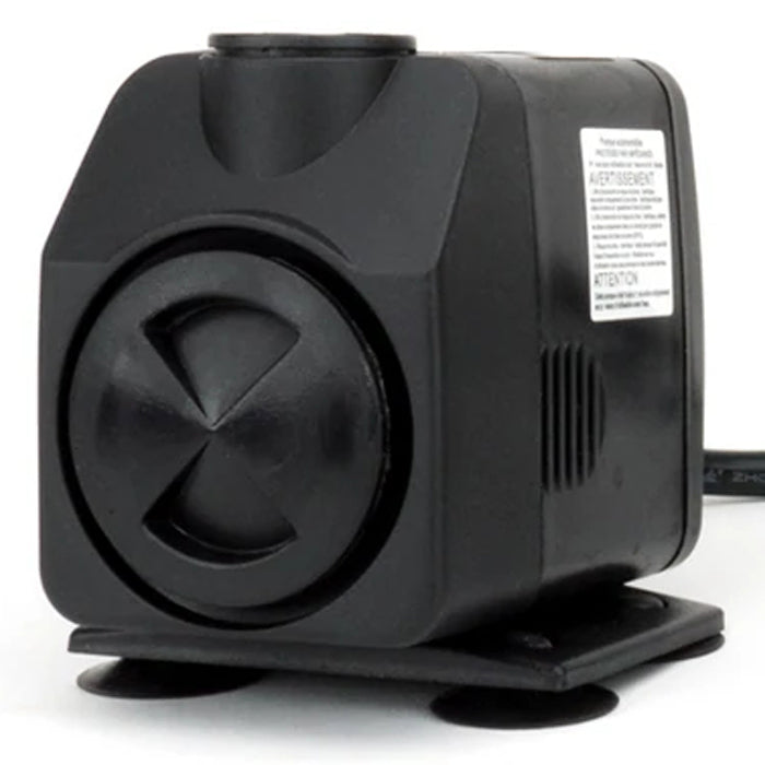Black submersible water pump with suction cups and an outlet at the top.