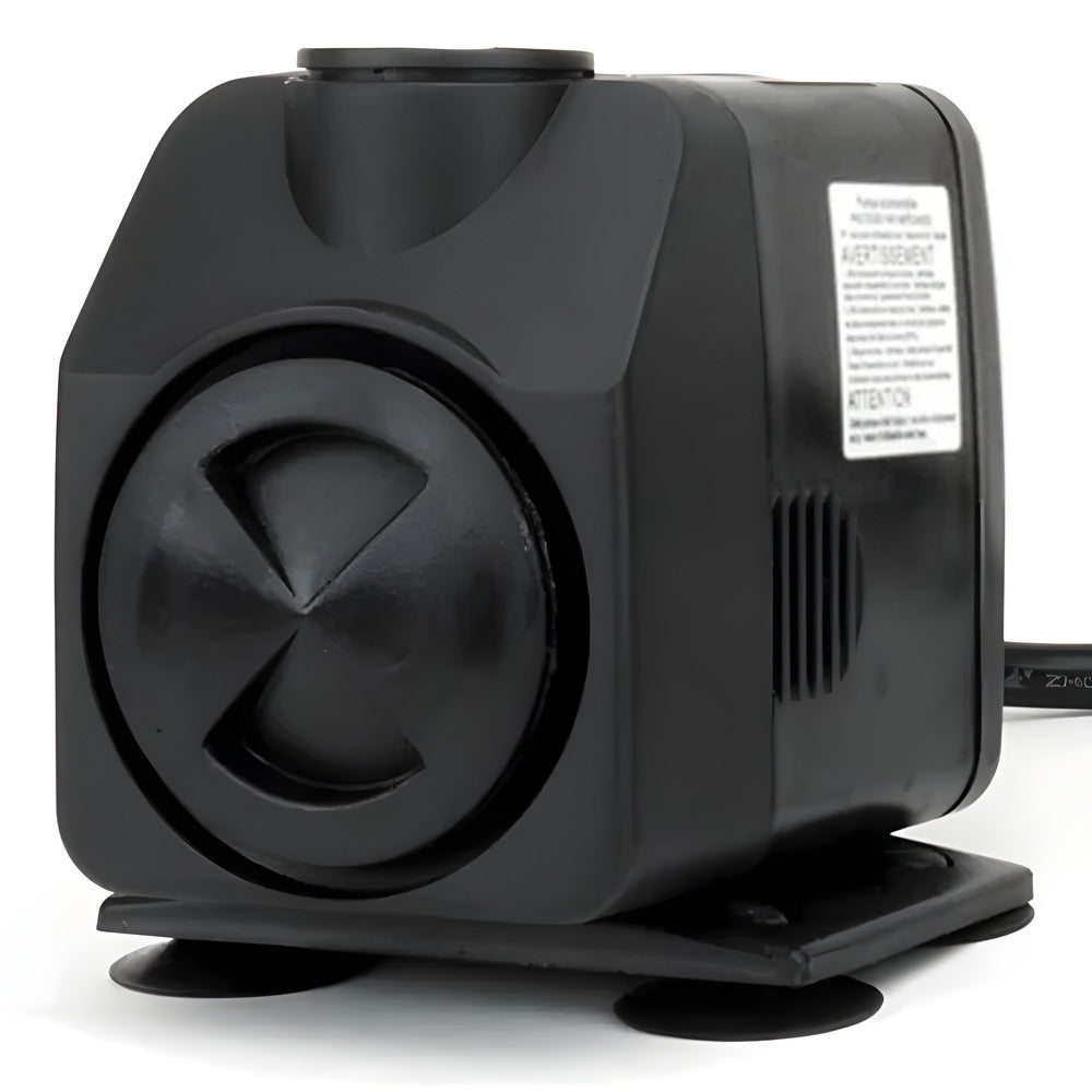 Black submersible water pump with suction cups and an outlet at the top.