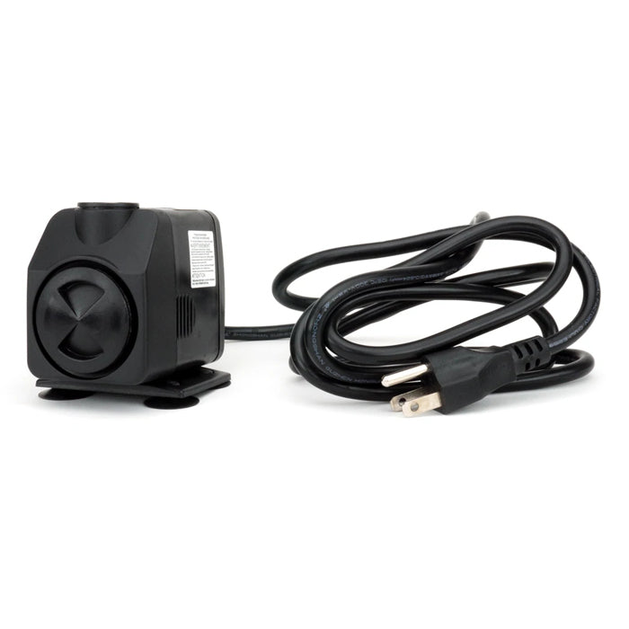 Black submersible water pump with suction cups and coiled power cord.