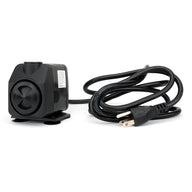 Black submersible water pump with suction cups and coiled power cord.