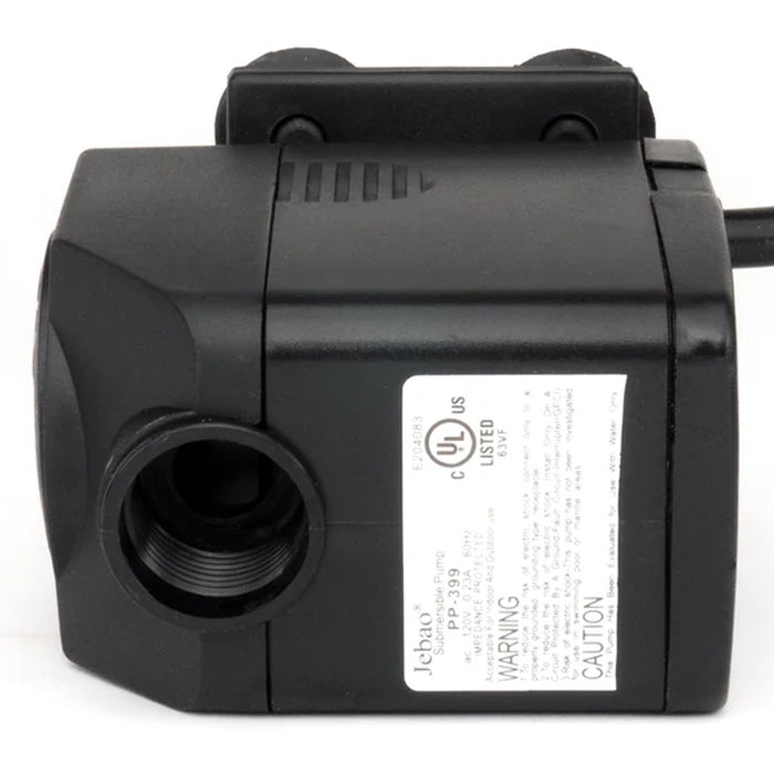 Black submersible pump with "Jebao PP-399" and UL listing.