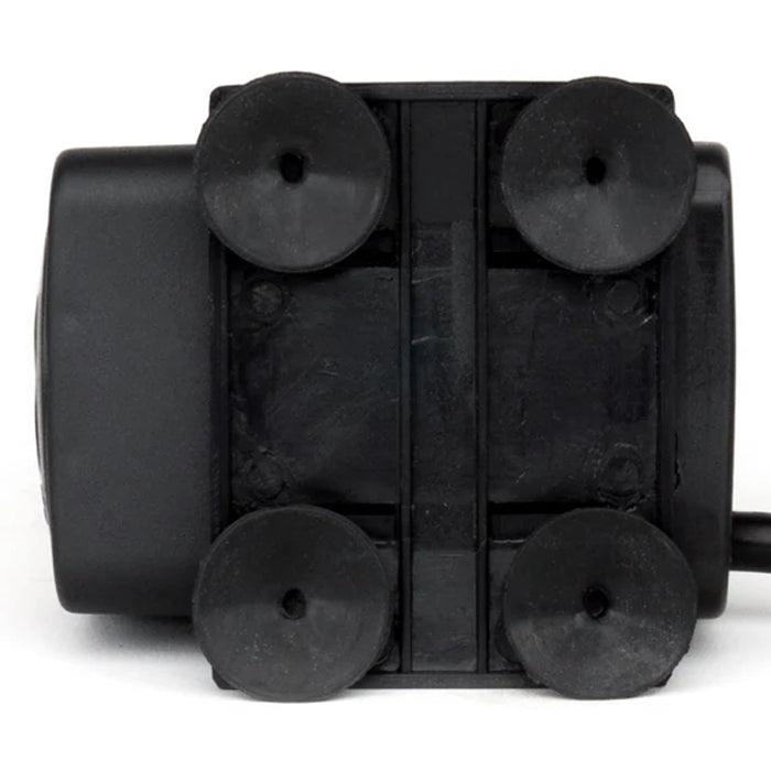 Bottom view of black submersible water pump with four suction cups.