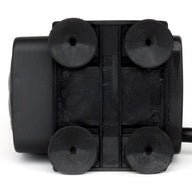 Bottom view of black submersible water pump with four suction cups.