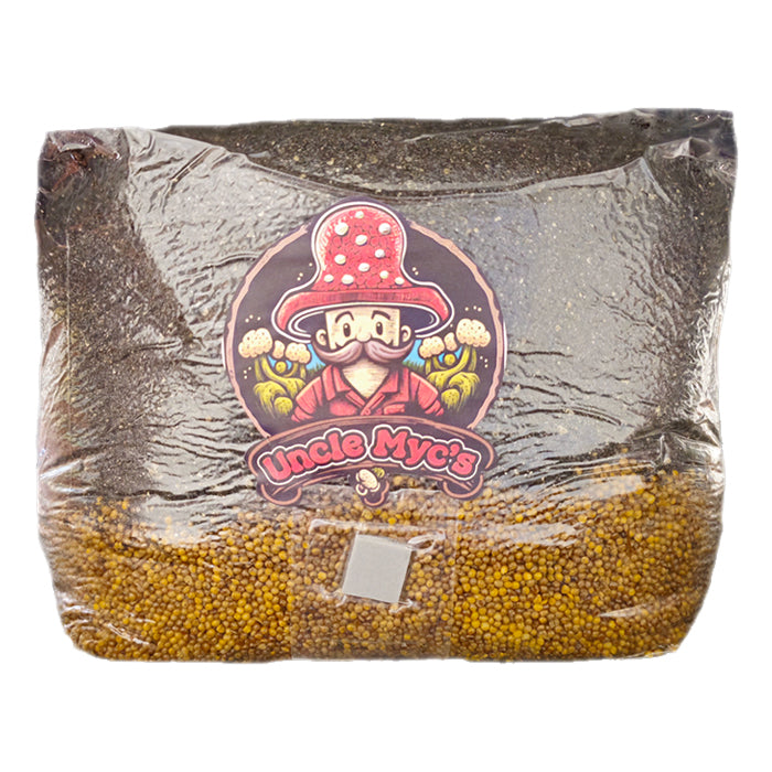 Uncle Myc's 7lb mushroom grow bag with a cartoon mushroom character logo.