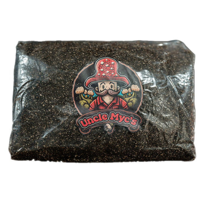 Uncle Myc's Manure Blend 2lb bag with cartoon mushroom man logo.
