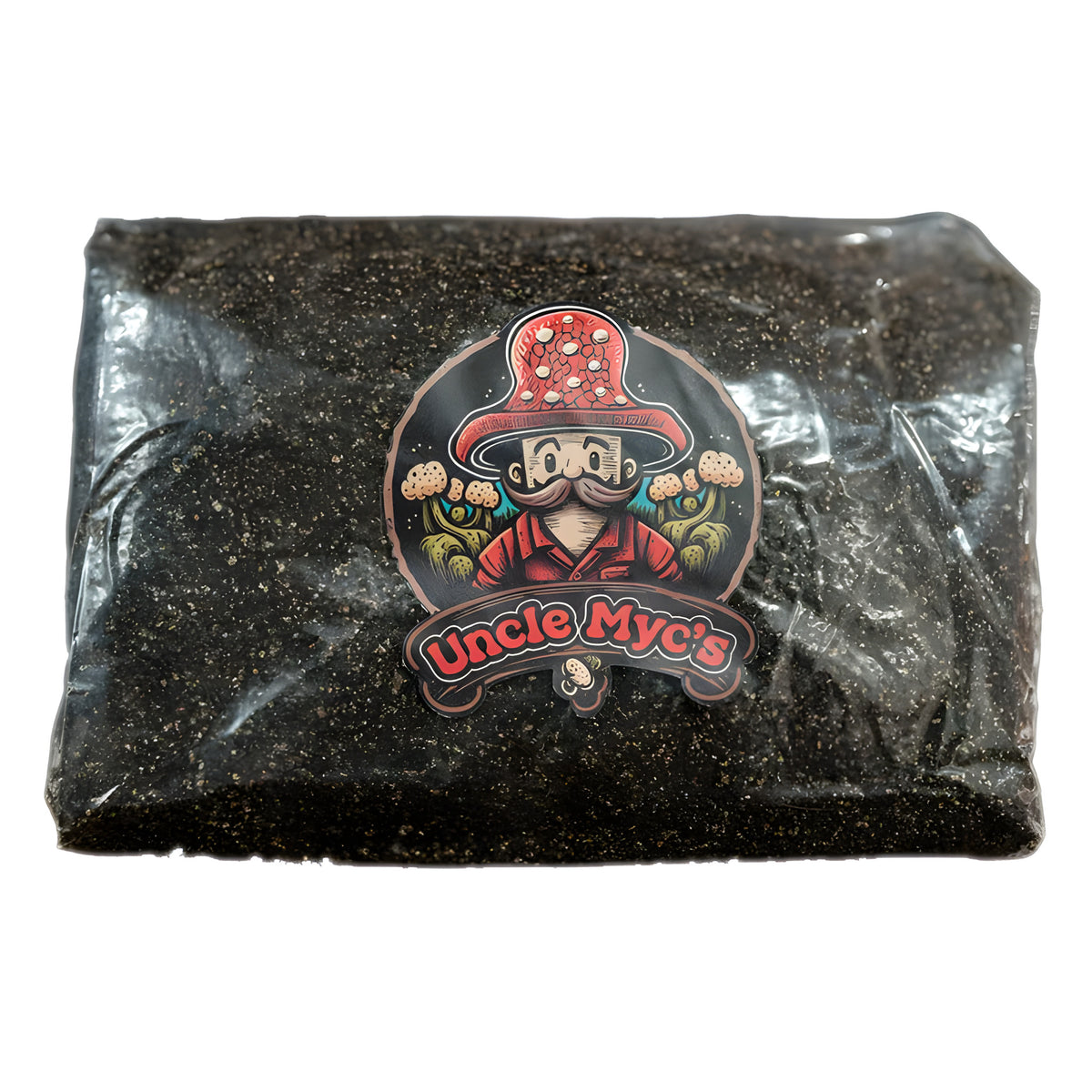 Uncle Myc's Manure Blend 2lb bag with cartoon mushroom man logo.