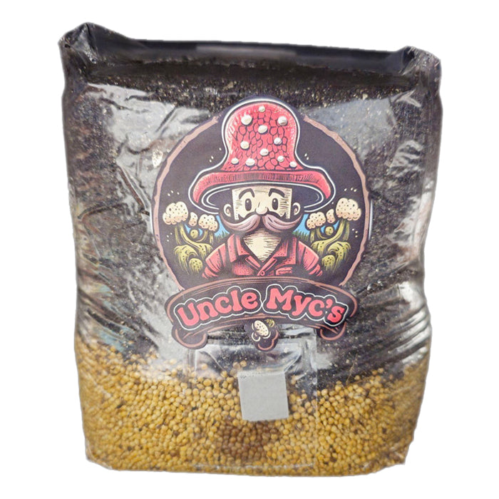 Uncle Myc's Master's Mix mushroom spawn bag, 4lbs, with cartoon mushroom man logo.