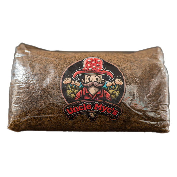 Uncle Myc's 4lb Master's Mix bulk substrate bag with cartoon mushroom mascot.