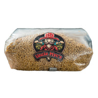 Uncle Myc's Millet Grain Sterilized Mushroom Spawn Bag with cartoon mushroom man logo.