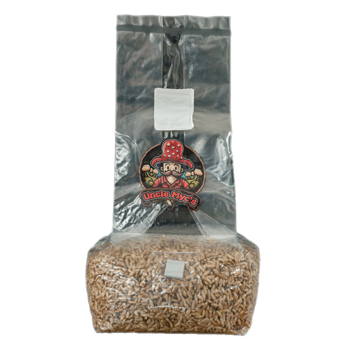 Uncle Myc's 2lb sterilized rye berry mushroom spawn bag with logo.