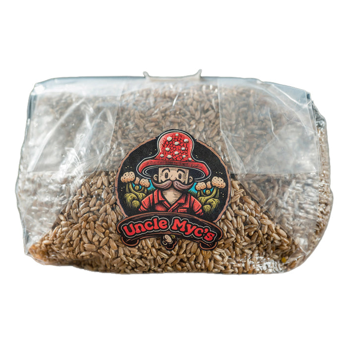 Uncle Myc's sterilized rye berry grain mushroom spawn bag with cartoon mascot.