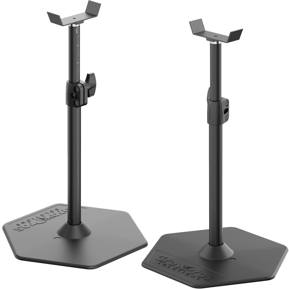 Pair of black adjustable studio monitor speaker stands with hexagonal bases and 'GATOR SOLUTIONS' branding.