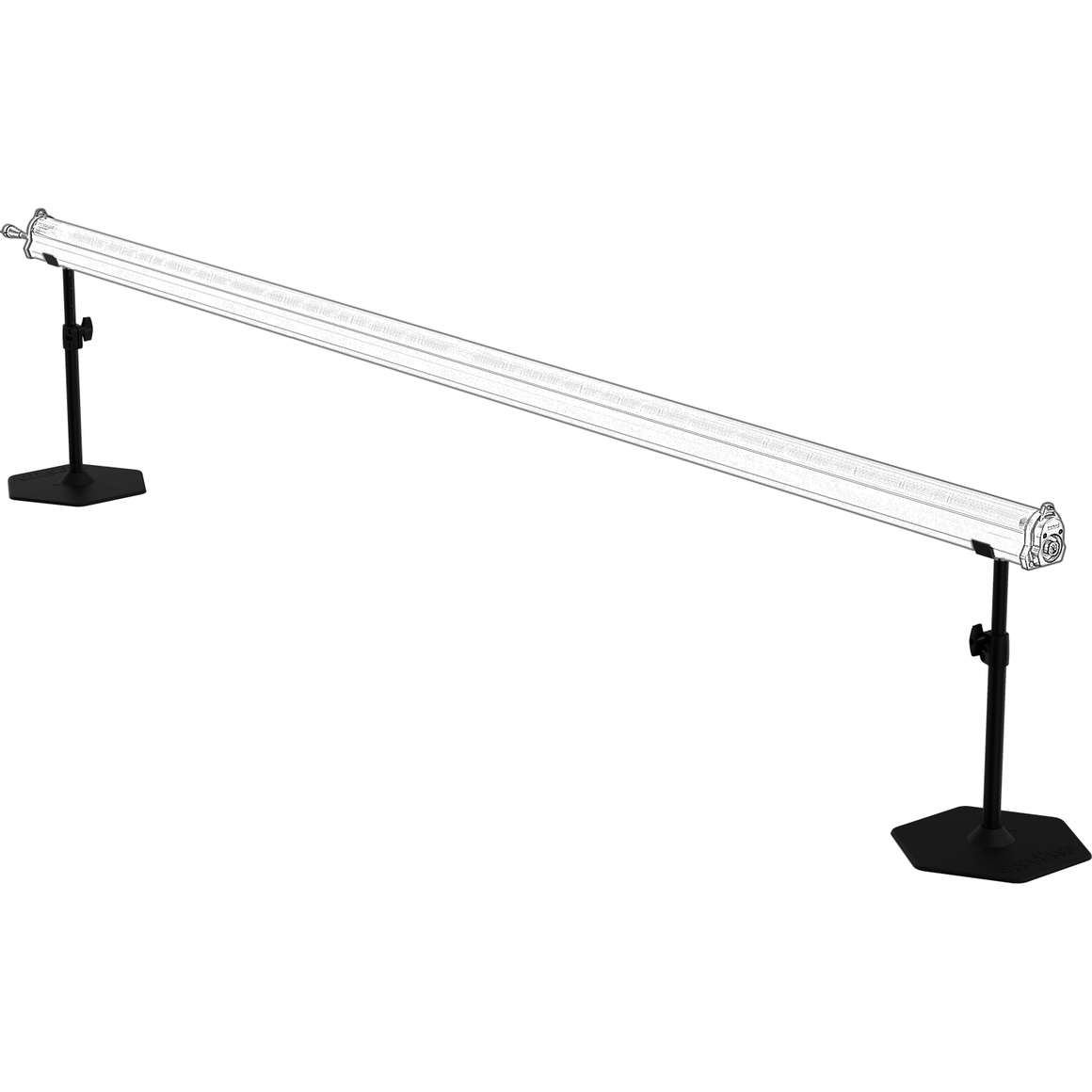 Long, textured under-canopy light bar mounted horizontally on two black stands with hexagonal bases, white background.
