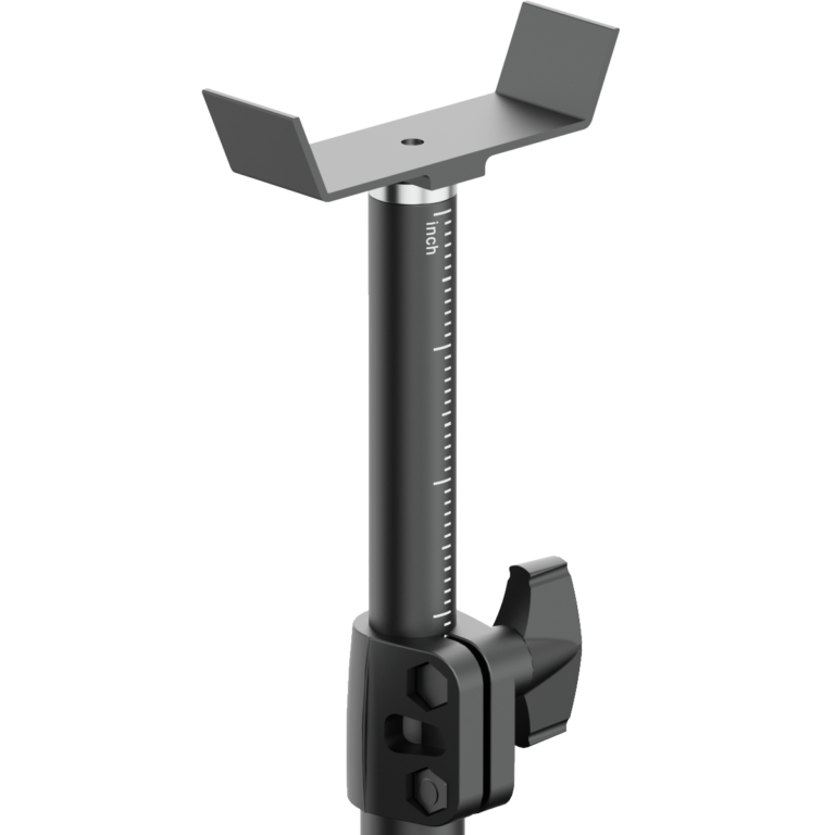 Adjustable black metal stand with gray U-shaped top bracket, visible inch scale, and a black clamping mechanism.