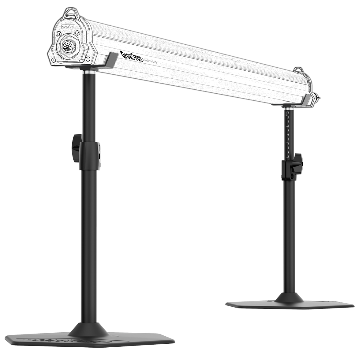 Two black adjustable GroCroPS Under Canopy Light Stands supporting a white linear LED light fixture.