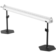 White wireframe light fixture on two black Glowup Solutions stands with hexagonal bases and adjustment knobs.