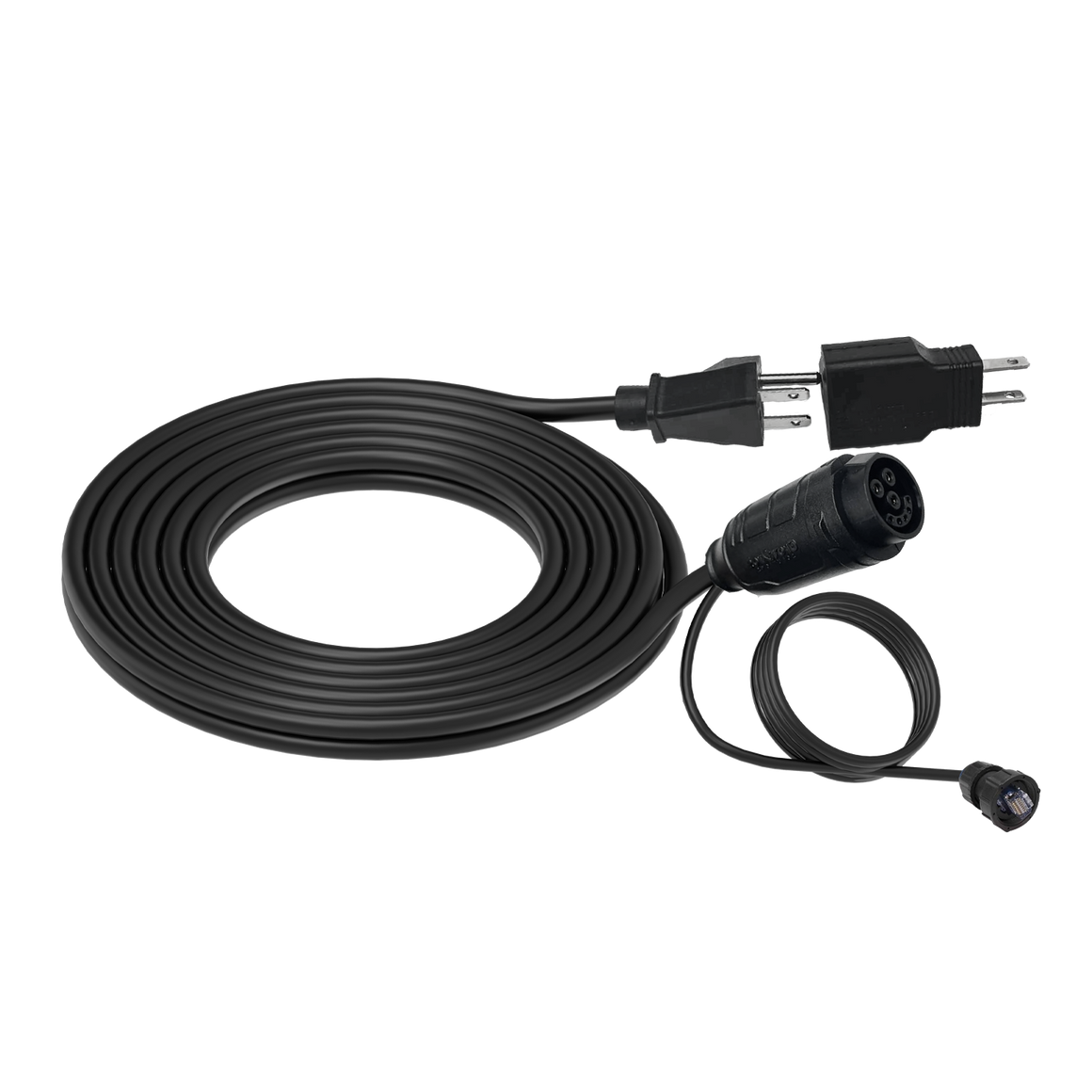 Black extension cord with standard plug on one end, and a female connector with a data cable on the other.