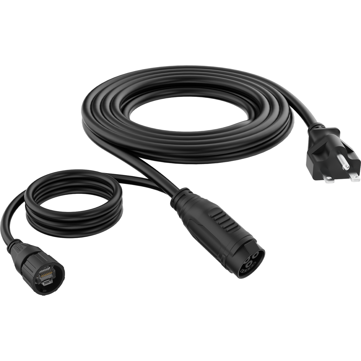 Black power cord with NEMA 6-15P plug, circular data cable connector, and three-pin circular power connector.