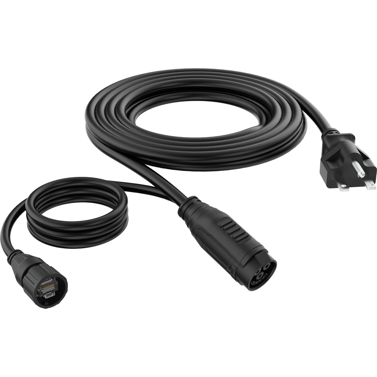 Black power cord with NEMA 6-15P plug, circular data cable connector, and three-pin circular power connector.