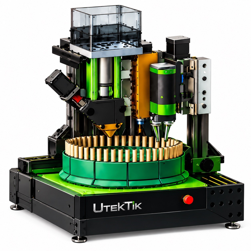 Utektik AutoRoller 3 pre-roll machine with green carousel holding pre-roll tubes and robotic arms.