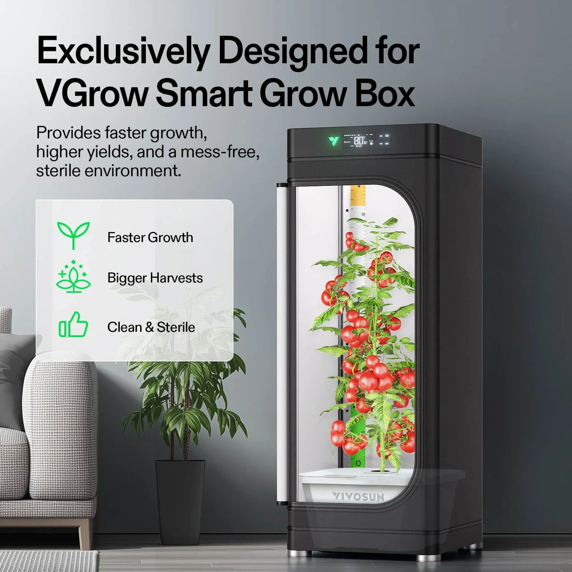 VGrow smart grow box with hydroponic tomatoes, featuring faster growth, bigger harvests, and a clean, sterile environment.