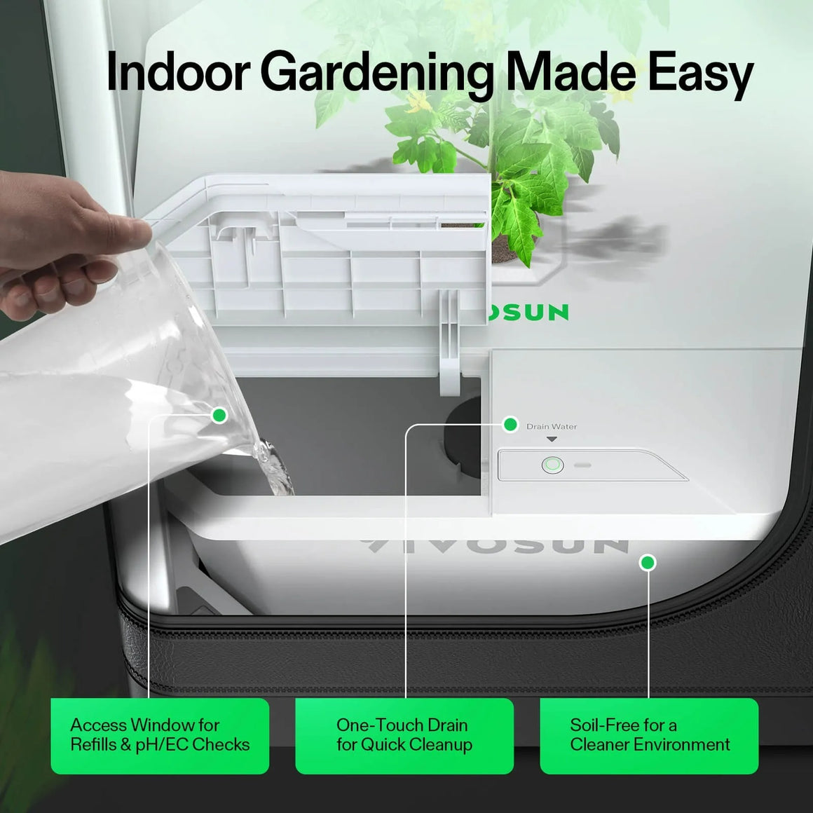 Hand pouring water into a white hydroponic system with a plant. Text: "Indoor Gardening Made Easy."