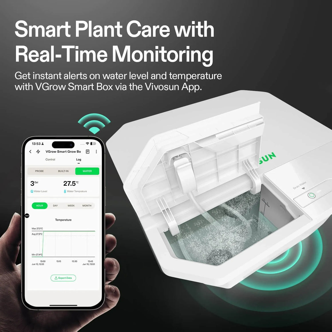 VGrow DWC Hydroponics kit with app showing water level & temp.