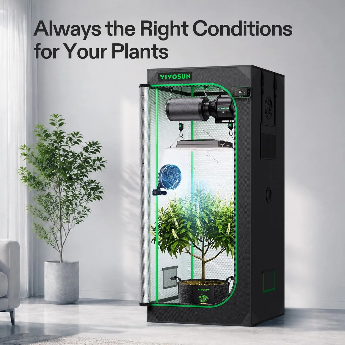 A YIVO SUN grow tent with a plant inside, featuring a fan and light. Text reads "Always the Right Conditions for Your Plants."