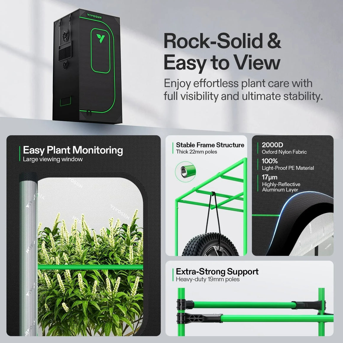 VIVOSUN grow tent with large viewing window, stable frame, and reflective interior.