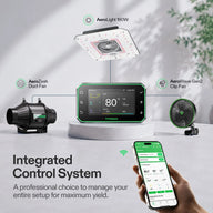YI VIVOSUN AeroLight 180W grow light, AeroZesh duct fan, AeroWave clip fan, and control system display.