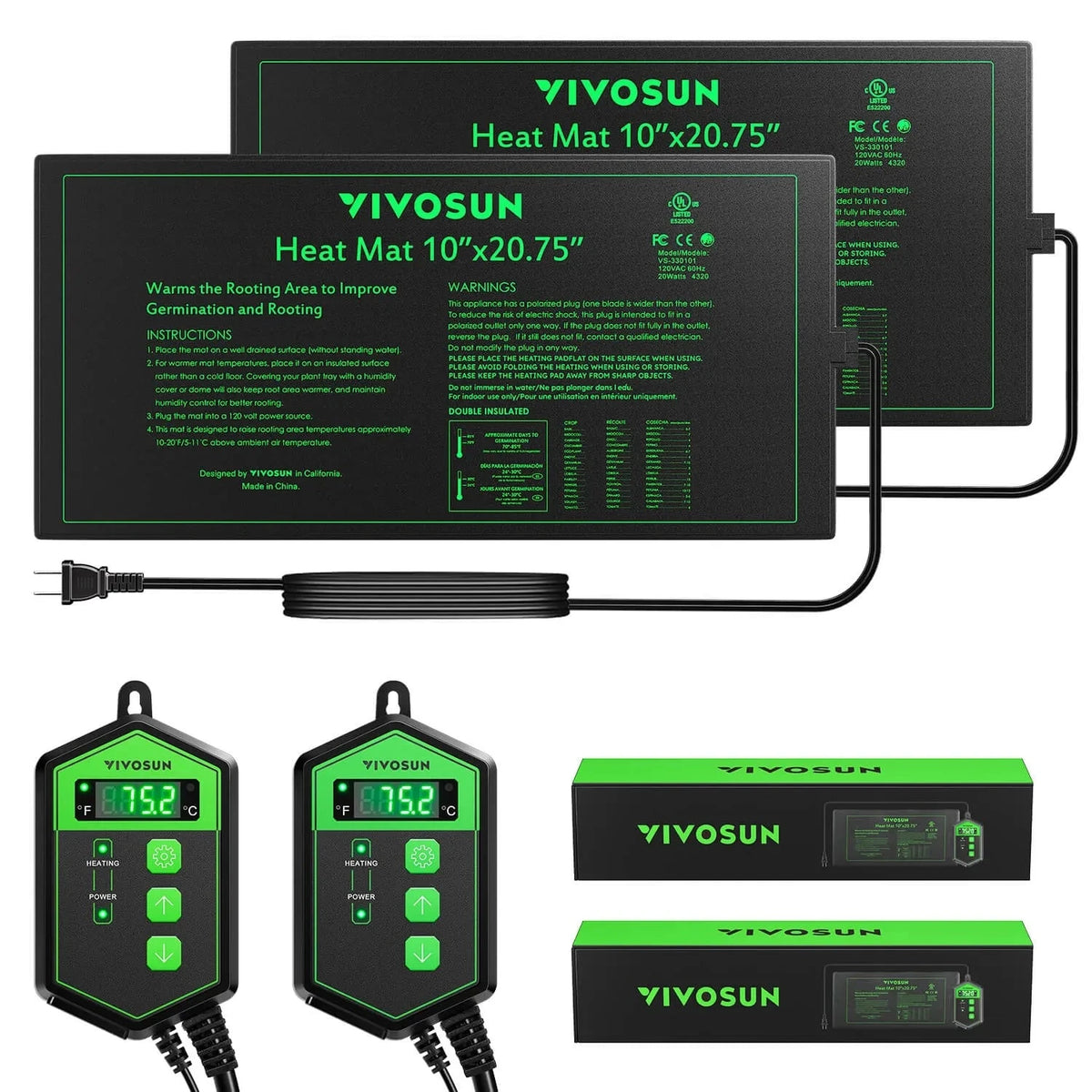 Two VIVOSUN 10x20.75 seedling heat mats & digital thermostat controllers, black and green, shown with packaging.