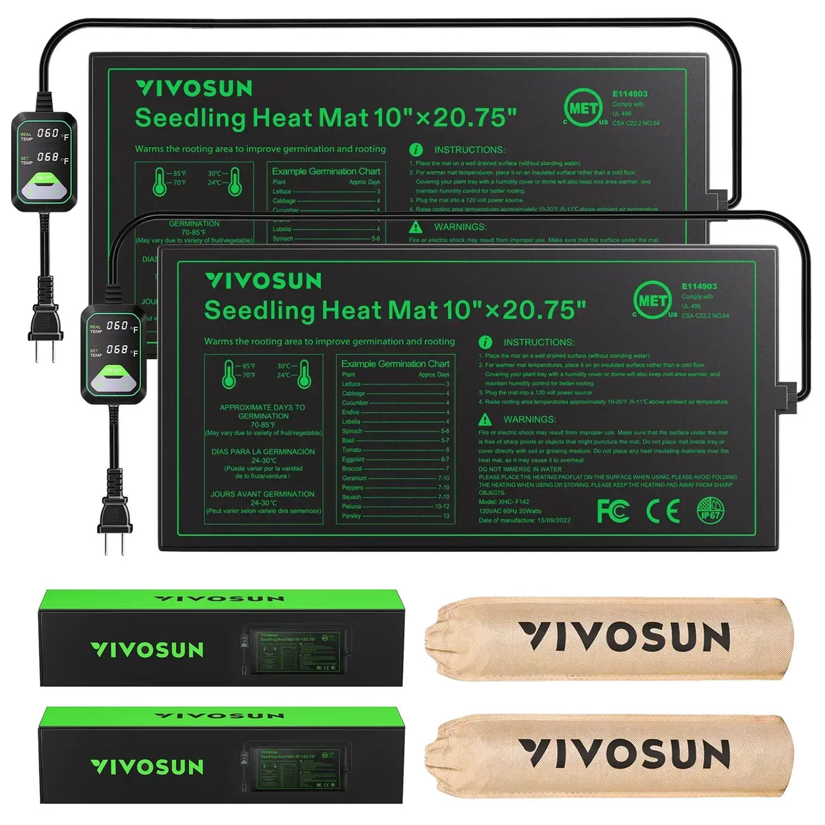 VIVOSUN 10x20.75 seedling heat mats (2-pack) with dual digital display thermostats, showing product and packaging.