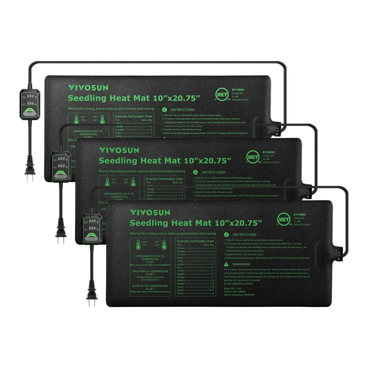 Three VIVOSUN 10x20.75" black seedling heat mats with dual digital display thermostats and germination charts.