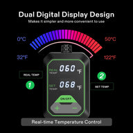 Dual digital display thermostat for seedling heat mats, showing real (60°F) and set (68°F) temperatures, 0-50°C range.