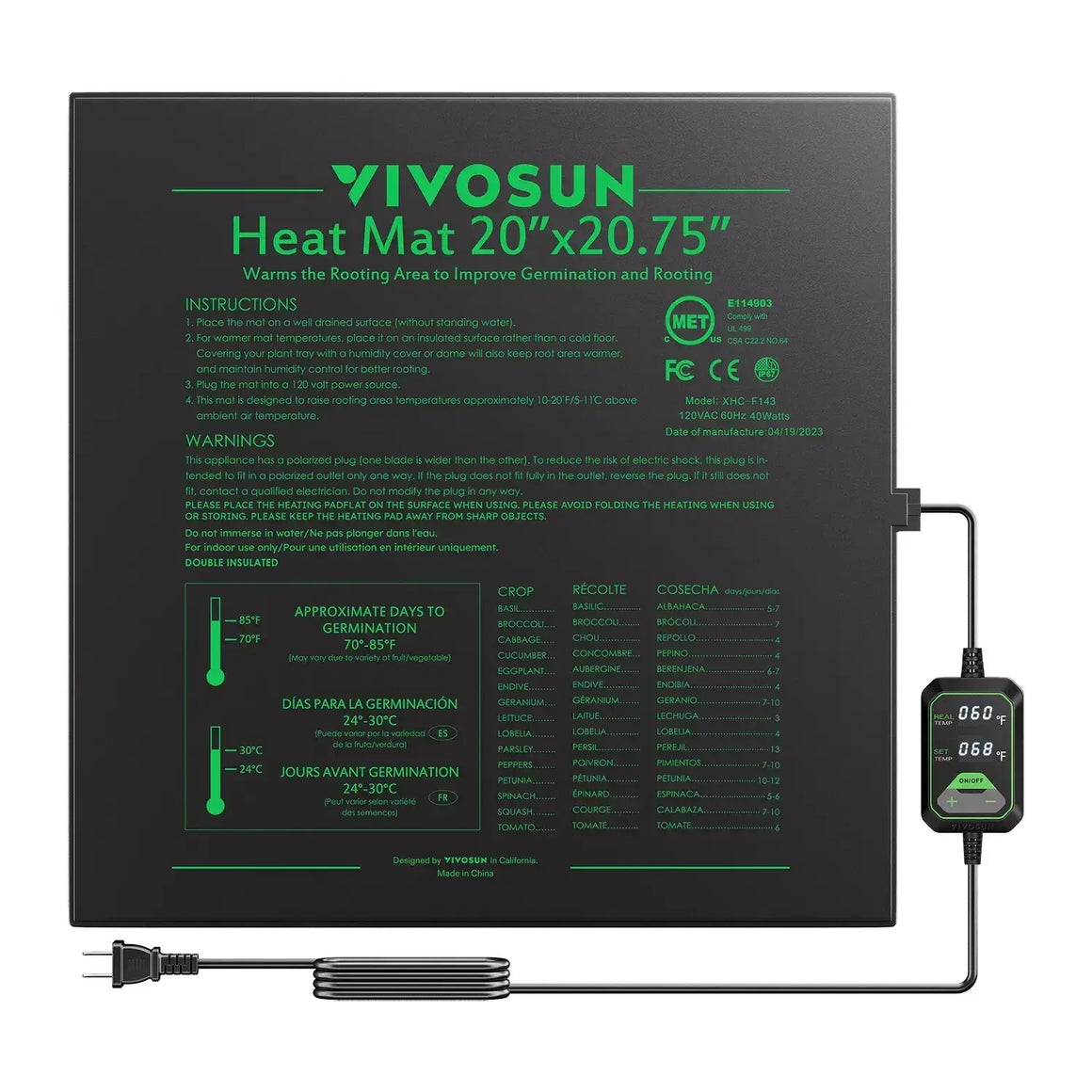 VIVOSUN 20x20.75 black seedling heat mat with dual digital display thermostat (real 60F, set 68F) and plant germination guide.