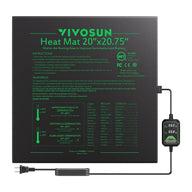 VIVOSUN 20x20.75 black seedling heat mat with dual digital display thermostat (real 60F, set 68F) and plant germination guide.