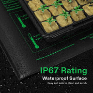 IP67 waterproof VIVOSUN seedling heat mat with water droplets, displaying temperature, beside plant sprouts in a tray.