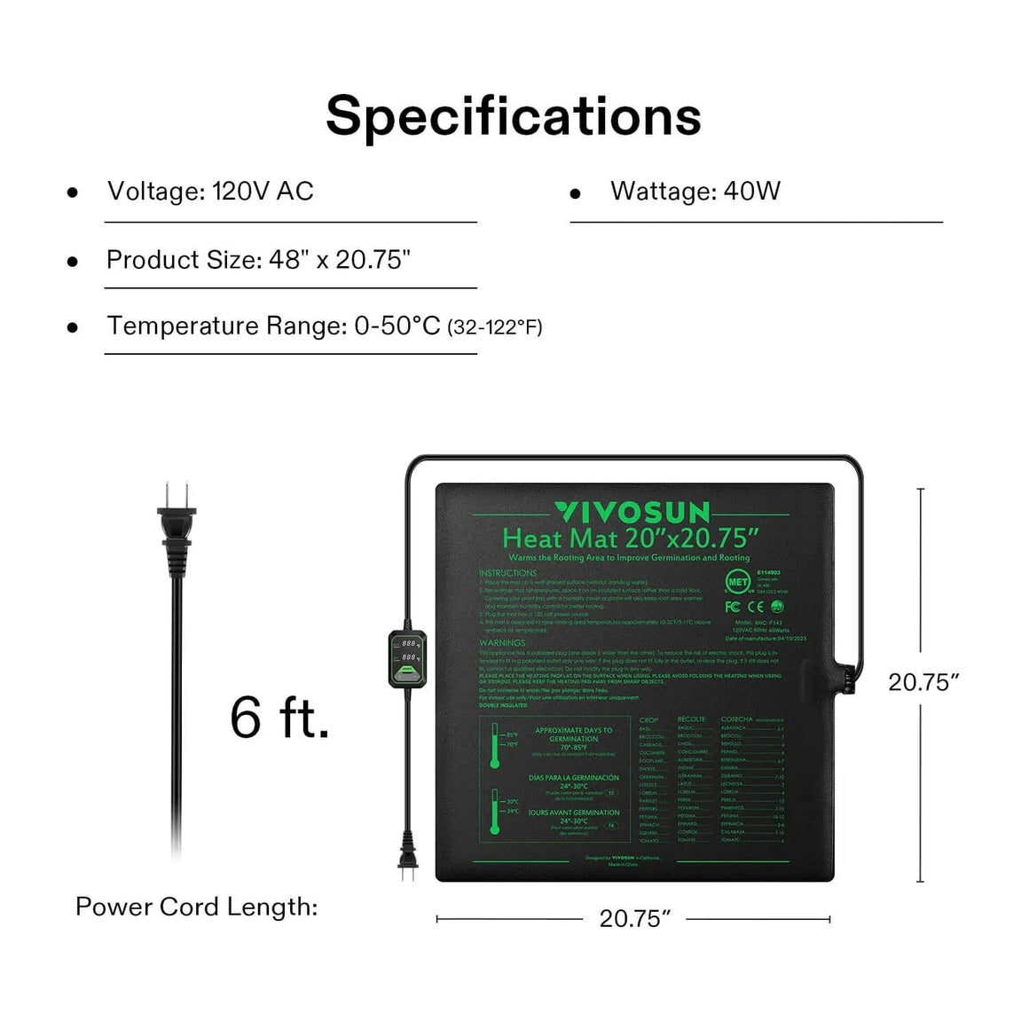 VIVOSUN 20x20.75 inch seedling heat mat, 40W, 120V, with 6ft cord and temperature range 0-50°C, shown with specifications.