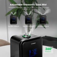 VIVOSUN black humidifier showing adjustable cool mist output from 120-350ml/H and 360° rotation.