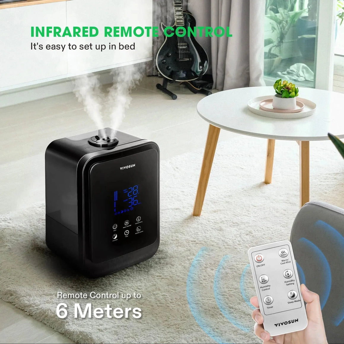 Black VIVOSUN 4.5L 2-in-1 Cool/Warm Mist Humidifier with infrared remote, emitting mist in a living room.