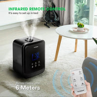 Black VIVOSUN 4.5L 2-in-1 Cool/Warm Mist Humidifier with infrared remote, emitting mist in a living room.