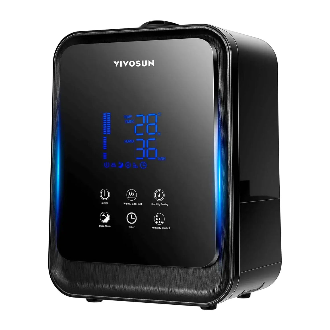 Modern black VIVOSUN humidifier with blue LED display showing 28°C and 36%RH, touch controls, and vertical blue light.