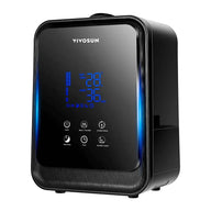 Modern black VIVOSUN humidifier with blue LED display showing 28°C and 36%RH, touch controls, and vertical blue light.
